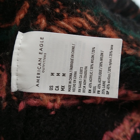 American Eagle Black Batwing Fair Isle Pink & Green Printed Wool Blend Sweater - Picture 14 of 16
